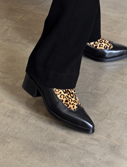 Handmade Black with Leopard Hair On Pointed Toe Cuban Heel Genuine Leather Boots Men | Hides&Cult