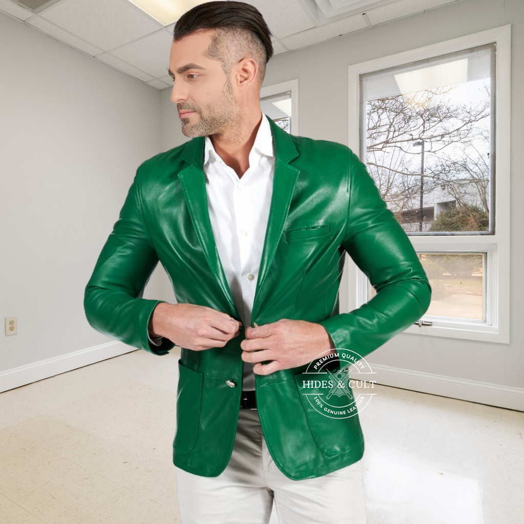 Men's Green Slim Fit Business Leather Blazer