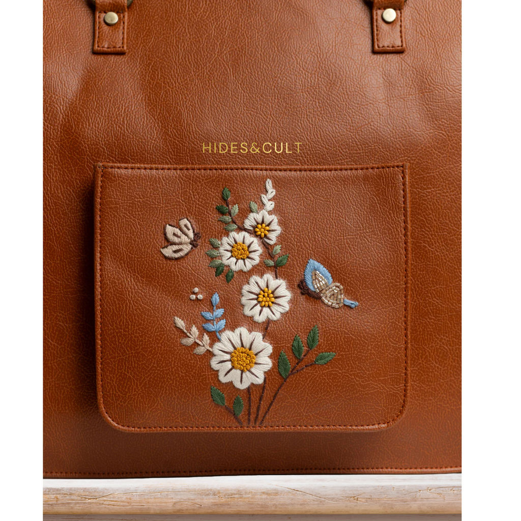 Handcrafted Tan - White Daisy Garden Embroidered Genuine Leather Laptop Bag