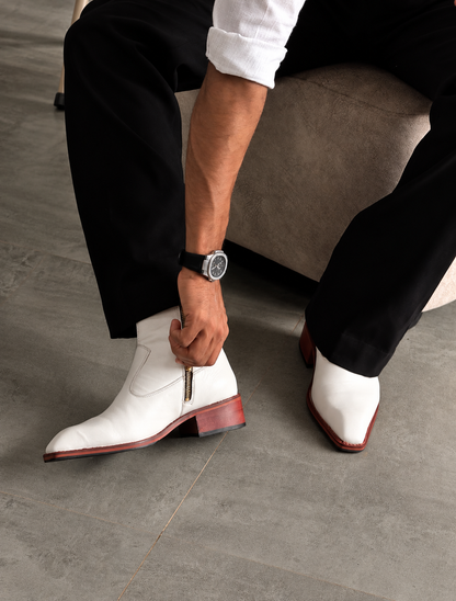 Handmade White Wooden Heal High Ankle Side Zip Genuine Leather Cuban Heel Boots Men | Hides&Cult