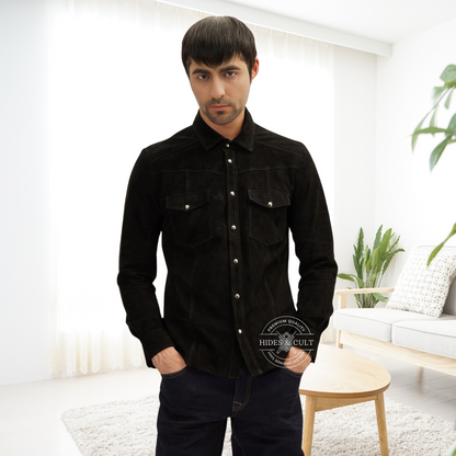 Mens Rich Black Suede Genuine Soft Lamb Leather Shirt