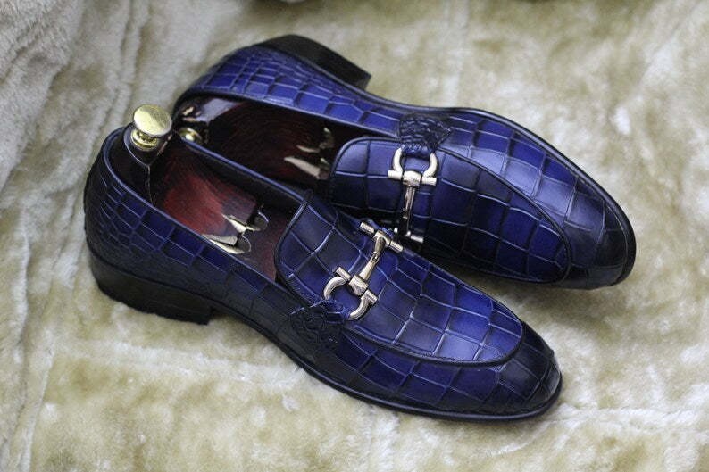 Croco Slip On Horse-bit Loafers - Royal Blue | Hides&Cult