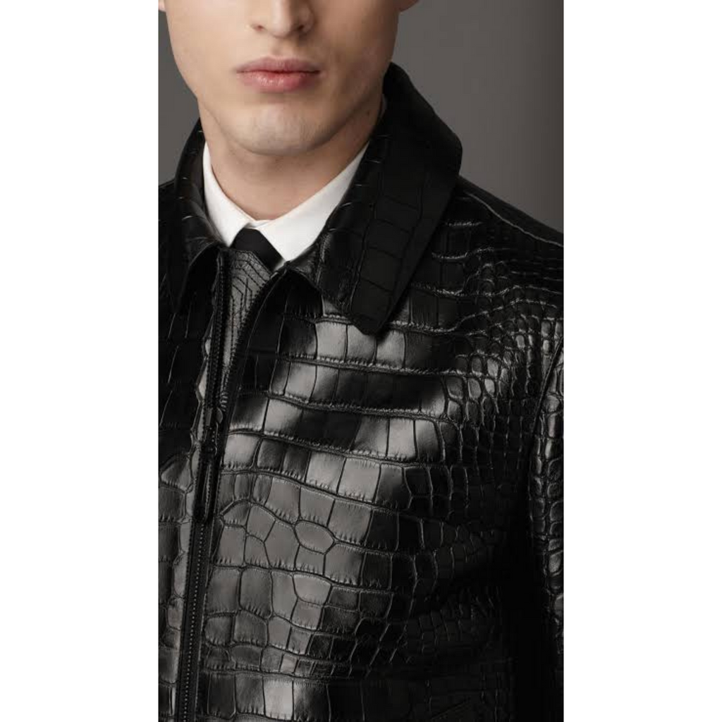 Close-Up of Men's Black Croc Embossed Leather – Premium Croc Texture on Real Leather Jacket for Men, High-End Fashion
