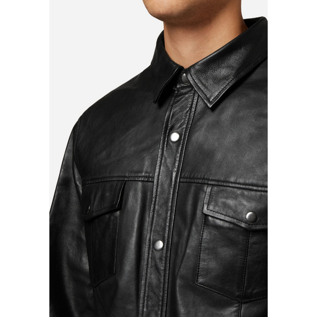 Close-Up of Men's Black Nappa Leather – Premium Soft and Smooth Nappa Leather on Denim Shirt for Men