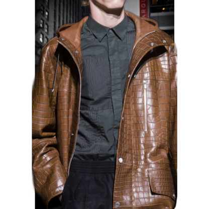 Close-Up of Men's Croc Embossed Leather – Premium Quality Brown Real Leather on Hooded Long Coat for Men