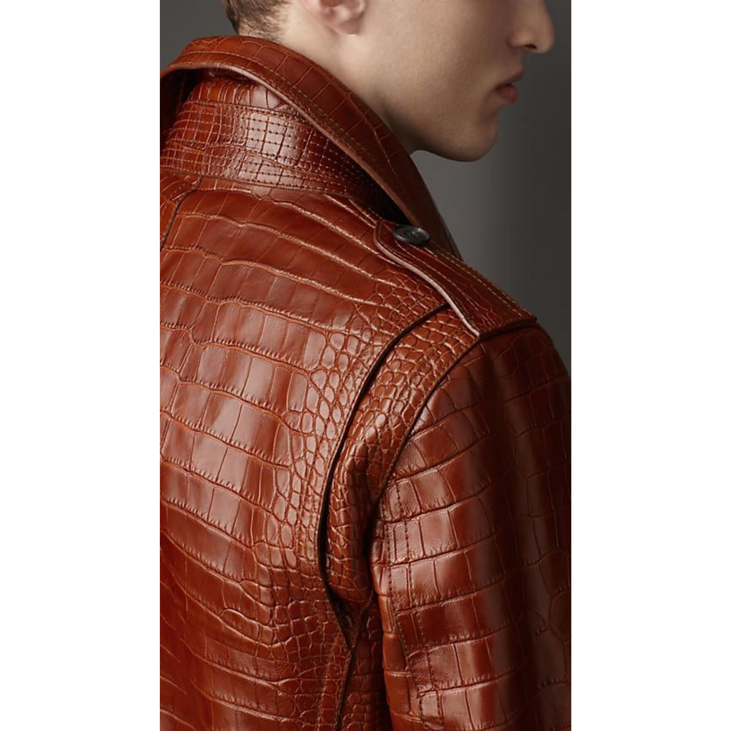 Close-Up of Men's Vintage Tan Brown Croc Embossed Leather – Premium Croc Effect Texture on Real Leather Jacket for Men
