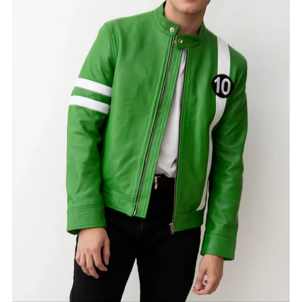 Close-up of Ben 10 design on Men's Leather Jacket – Detailed view of the bold, vibrant graphics inspired by the Ben 10 series, perfect for fans.