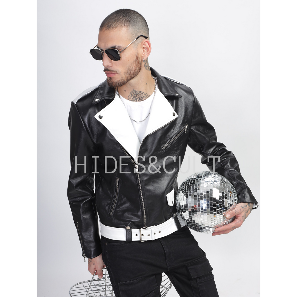 Close-up of belt and zipper on two tone black and white men's biker leather jacket