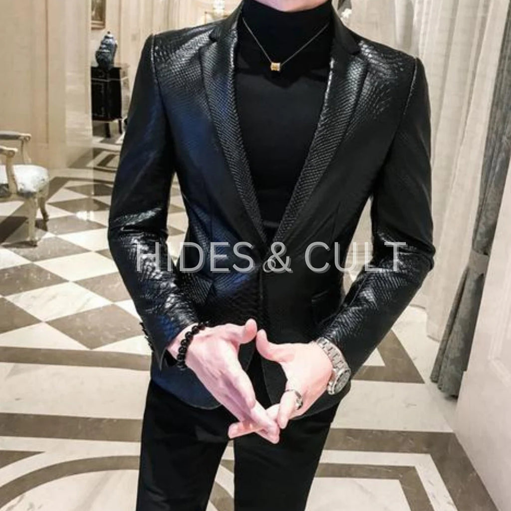 Close-up of black python embossed pattern on Men's Korean Blazer – Detailed view showcasing the luxurious and unique python texture on sleek black fabric.