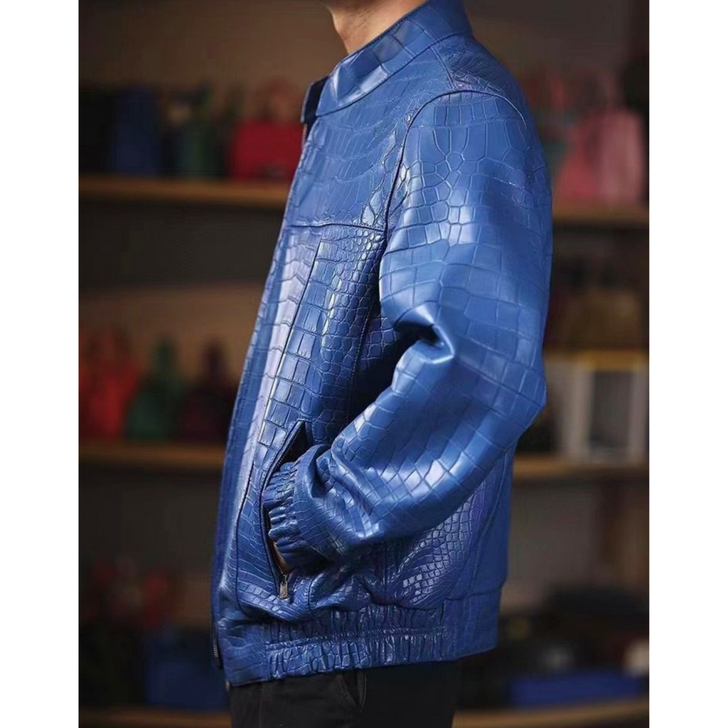 Close-up of croc embossed leather texture on Men's Blue Leather Jacket – Premium craftsmanship and rich detail in genuine leather.