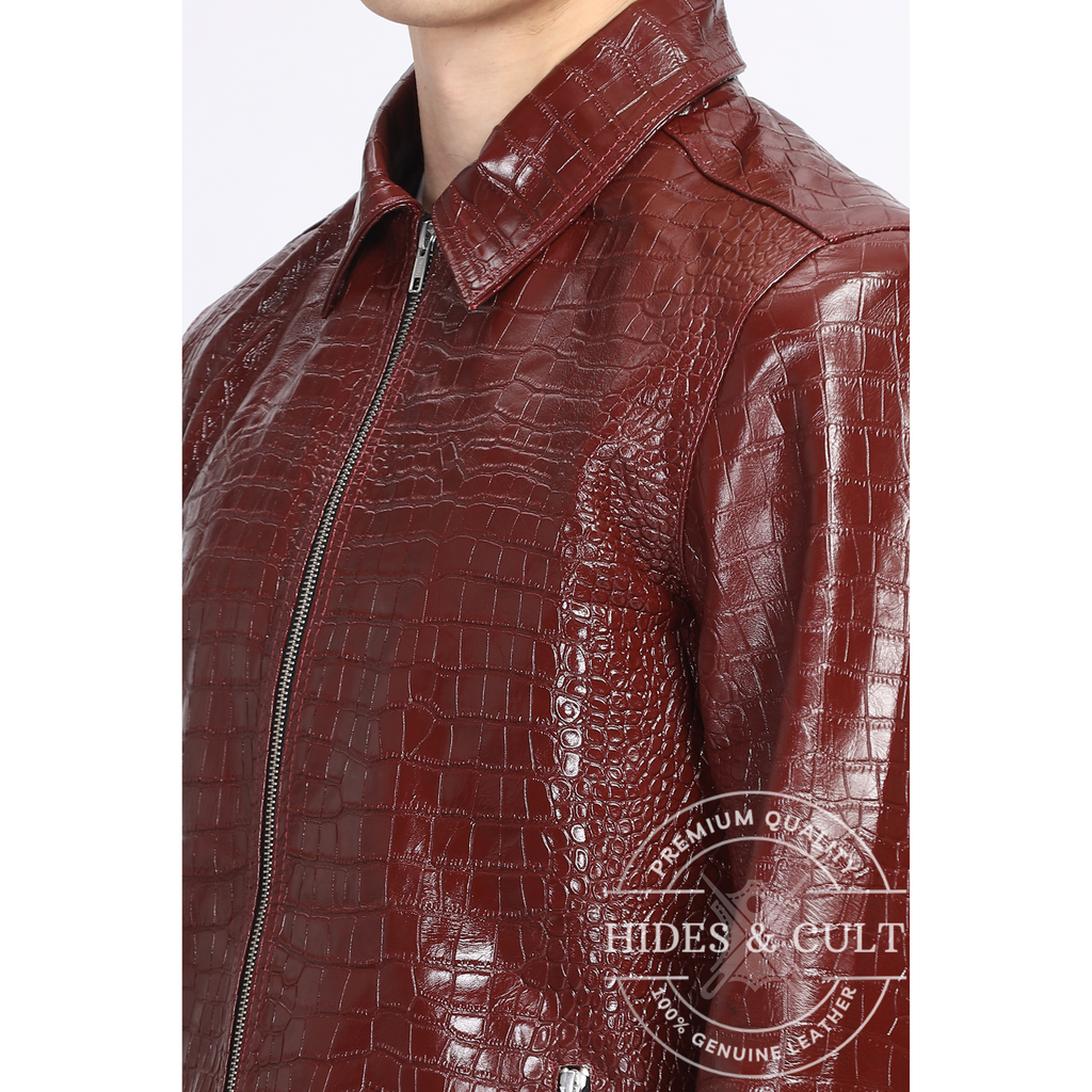 Close-up of crocodile pattern, texture and zipper detailing on Hides & Cult handmade genuine leather jacket side view

