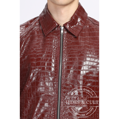 Close-up of crocodile pattern, zipper and texture detailing on Hides & Cult handmade genuine leather jacket

