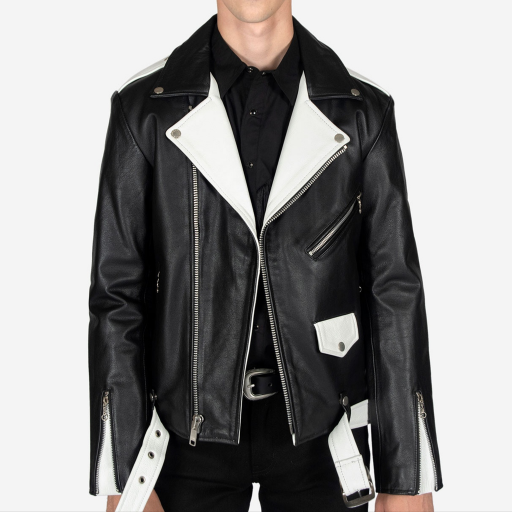 Close-up of men's black and white two tone slim fit leather biker jacket highlighting belt, zippers, snap buttons, and premium leather grain texture