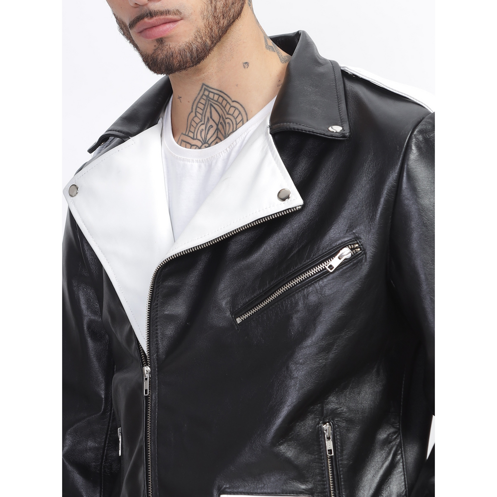 Close-up of men's black and white two tone slim fit leather biker jacket showing zipper, belt, and premium leather texture details