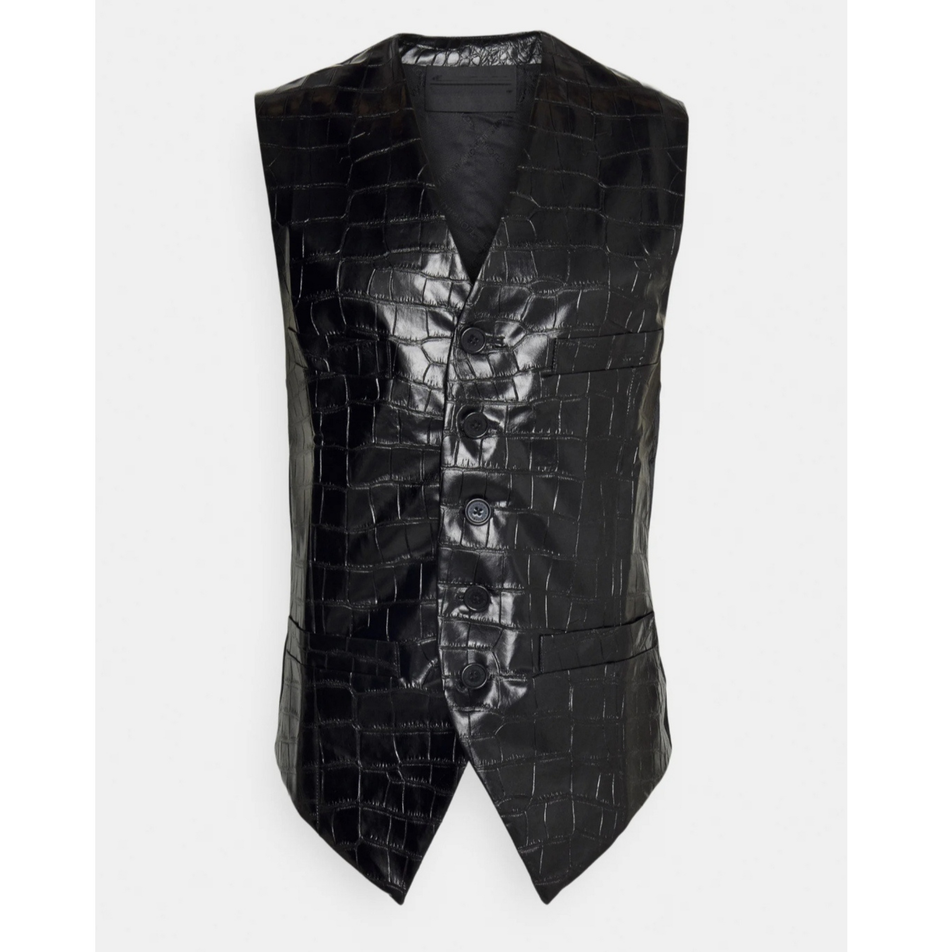 Close-up of men's black croc-embossed effect leather vest, highlighting the unique texture and fine craftsmanship of premium full-grain leather – Hides & Cult.