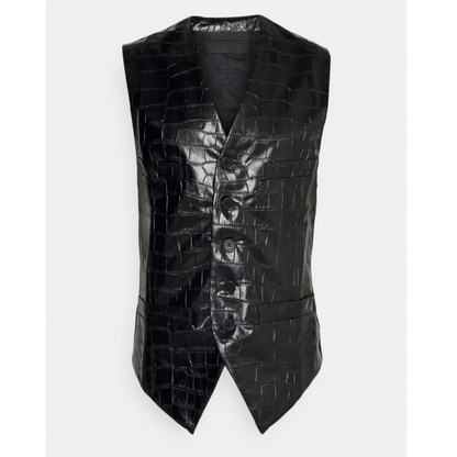 Close-up of men's black croc-embossed effect leather vest, highlighting the unique texture and fine craftsmanship of premium full-grain leather – Hides & Cult.