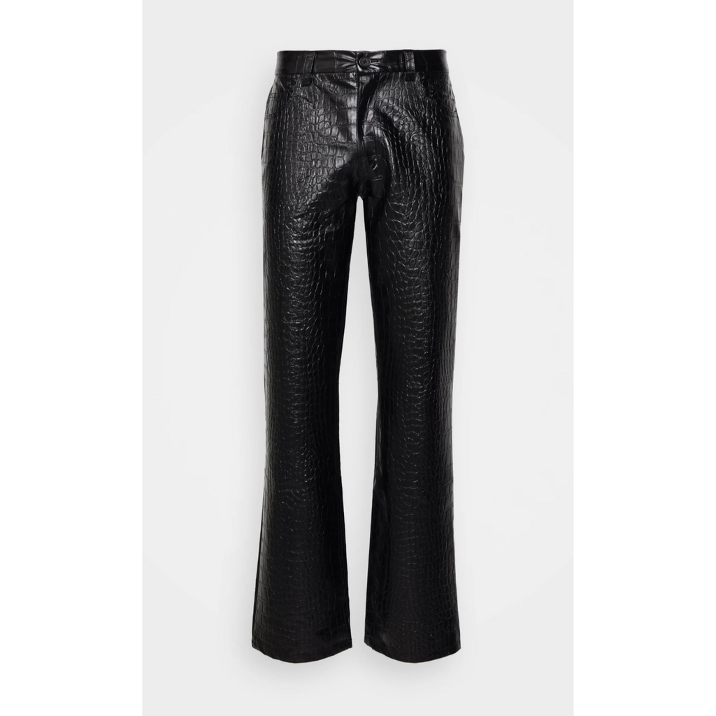 Close-up of men's leather pants, highlighting the fine grain and luxurious texture of full-grain leather – Hides & Cult.