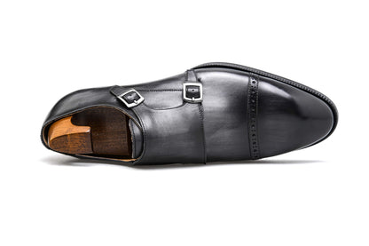 Grey Patina Double Monk Strap Shoes - Round Toe | Hides&Cult