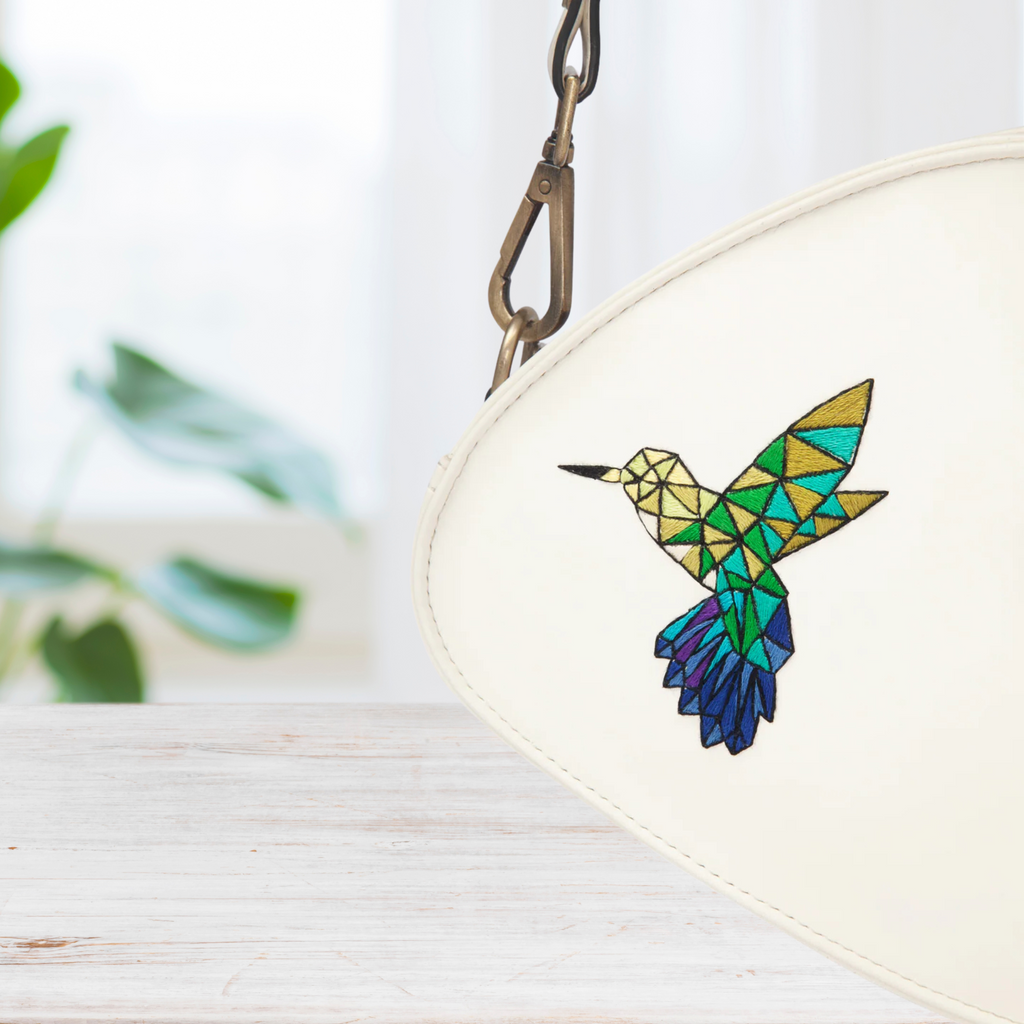 Handcrafted White - Kingfisher Origami Art Embroidered Genuine Leather Sling Bag