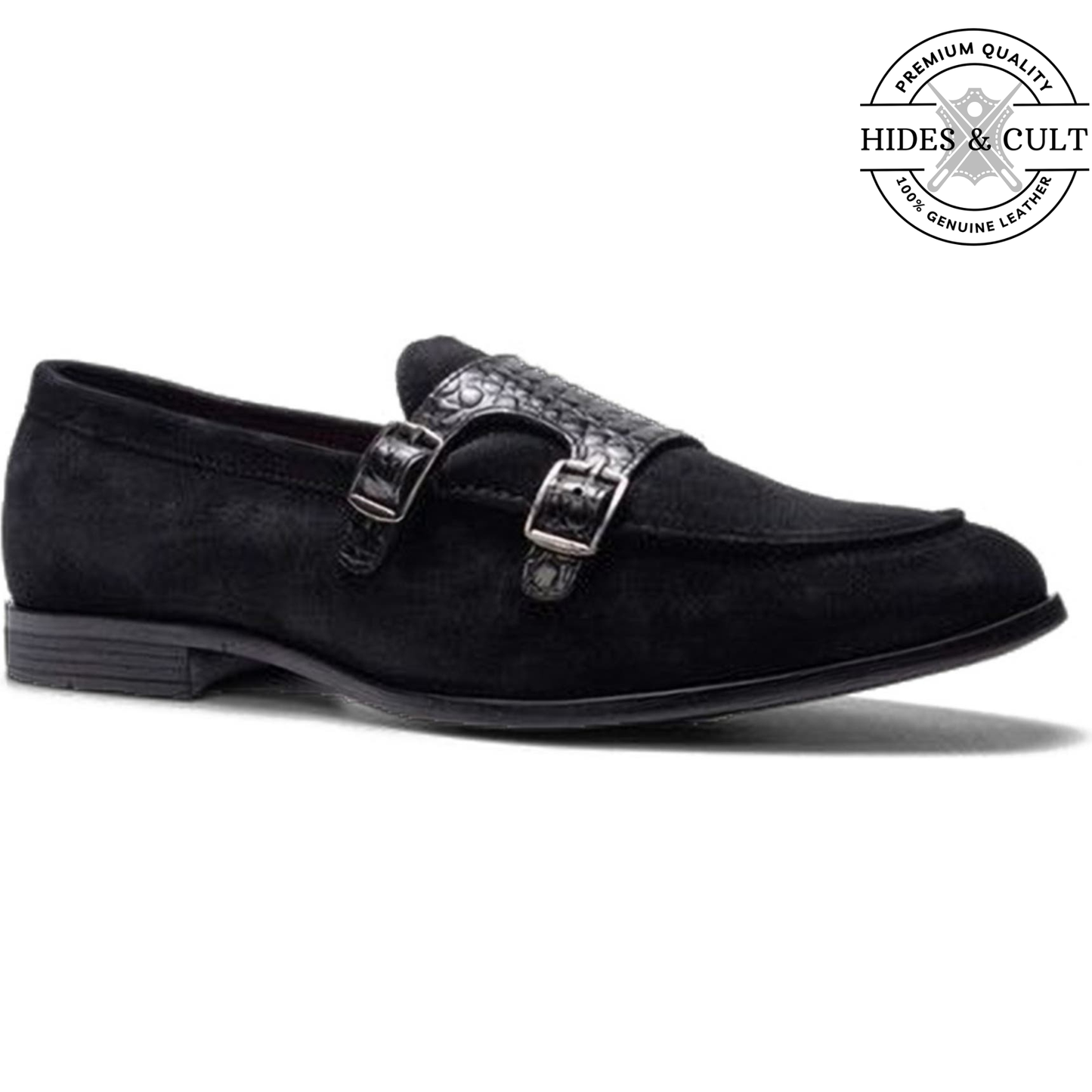 Black Suede - Black Croc Double Monk Strap SlipOn Loafers | Hides&Cult