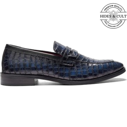 Blue Tone Croc Leather Moccasin Loafers | Hides&Cult