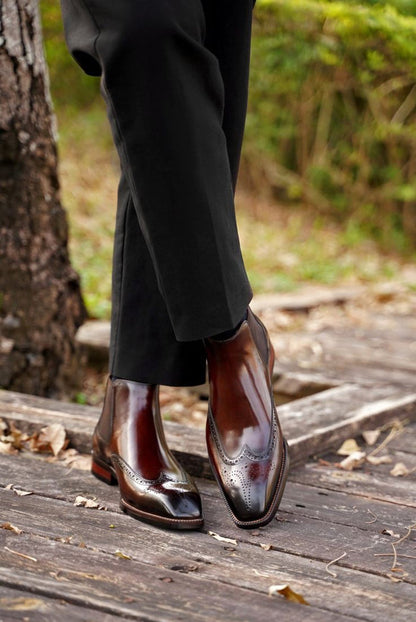 Black Classic Italian Brogue Chelsea Boots | Hides&Cult
