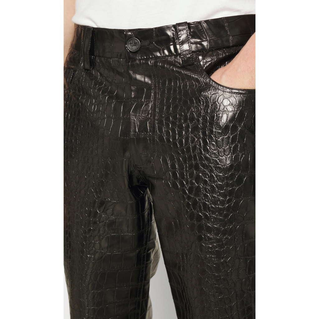 Detailed view of men's leather pants, showcasing high-quality stitching, sturdy zippers, and the durable finish of full-grain leather – Hides & Cult