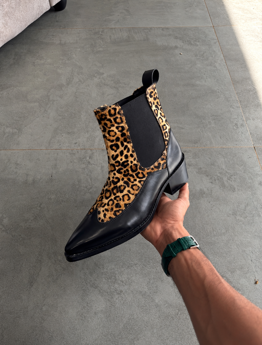Handmade Black with Leopard Hair On Pointed Toe Cuban Heel Genuine Leather Boots Men | Hides&Cult