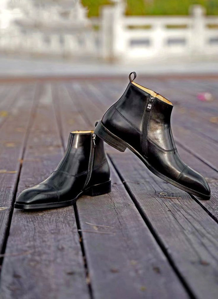 Black Toe Cut Side Zip Ankle Leather Boots | Hides&Cult