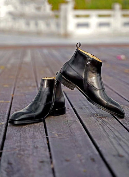 Black Toe Cut Side Zip Ankle Leather Boots | Hides&Cult