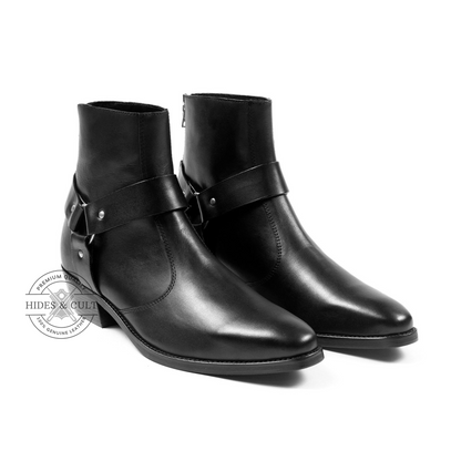 Black Genuine Leather Nickel Harness Chelsea Boots Cuban Heel Men | HidesandCult