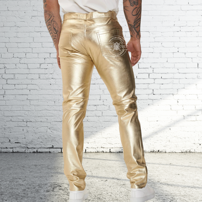 Mens Gold Metallic Foil Effect Genuine Soft Lamb Leather Pants