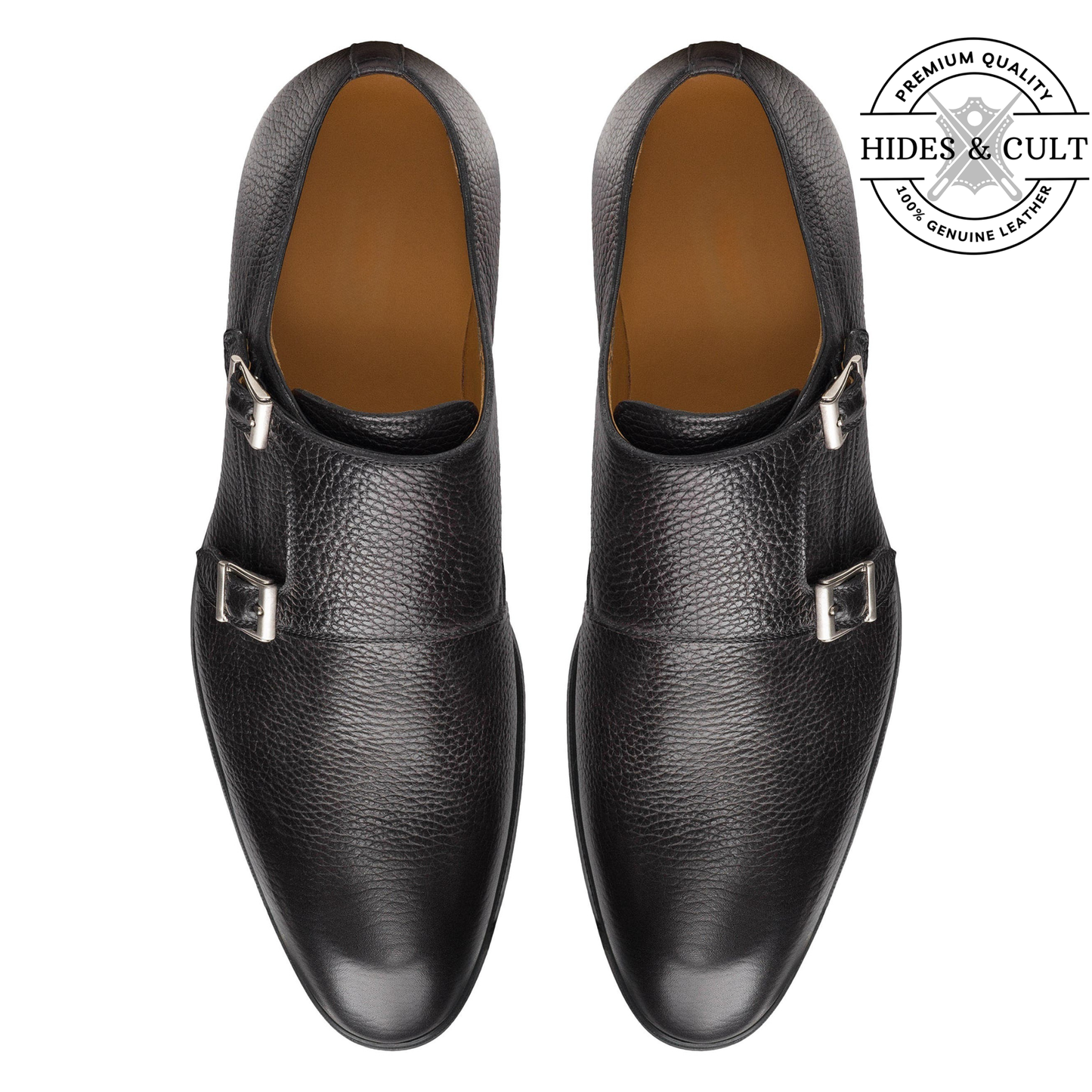 Black Milled Double Monk Strap Leather Shoes | Hides&Cult
