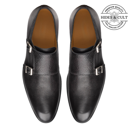 Black Milled Double Monk Strap Leather Shoes | Hides&Cult