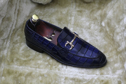 Croco Slip On Horse-bit Loafers - Royal Blue | Hides&Cult