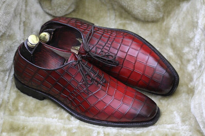 Croco Textured Lace Up Shoes - Dark Red UK 9| Clearance Sale | Hides&Cult