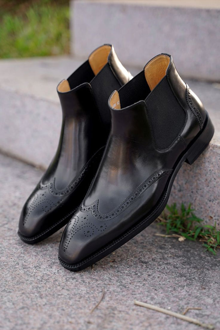 Black Classic Italian Brogue Chelsea Boots | Hides&Cult