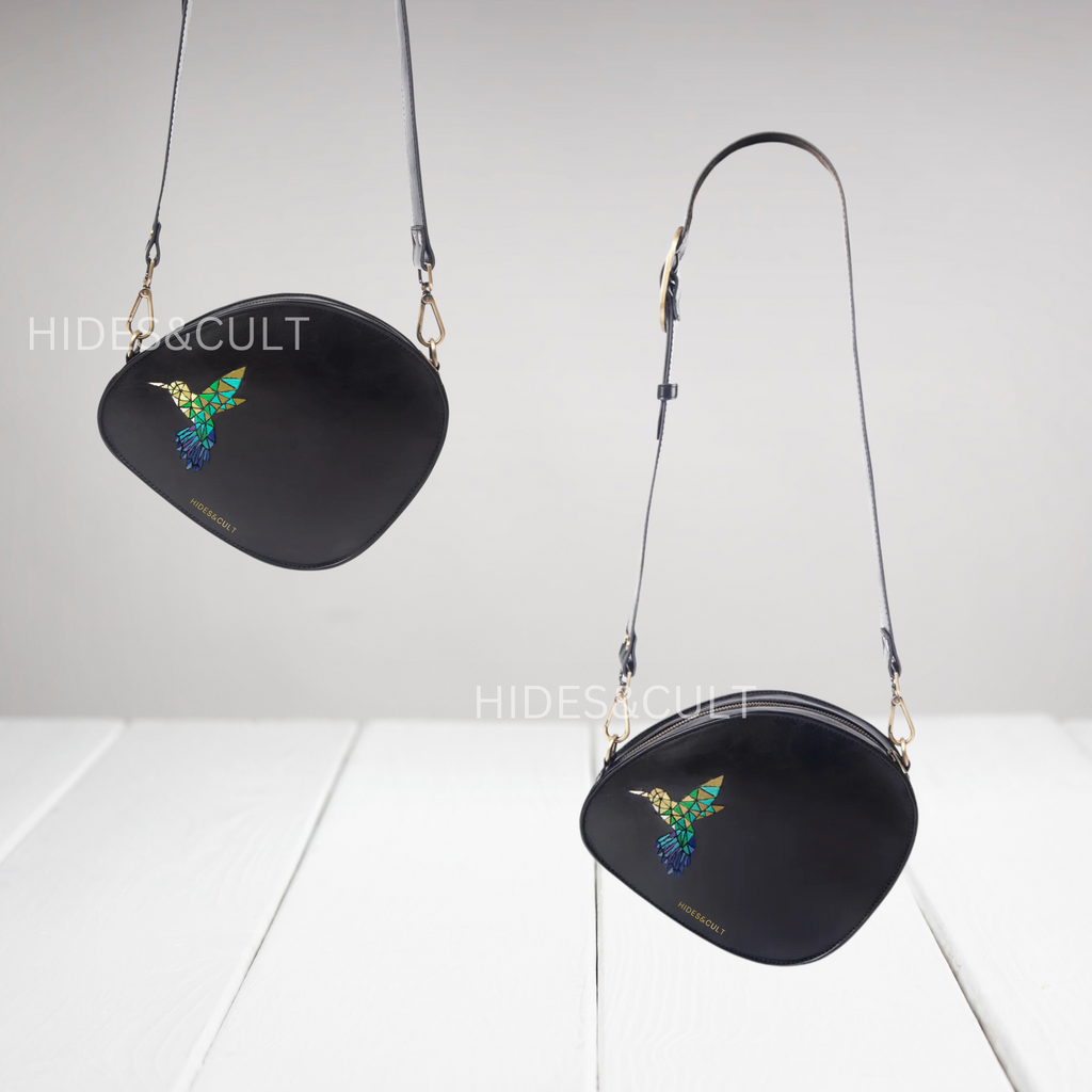 Handcrafted Black - Kingfisher Origami Art Embroidered Genuine Leather Sling Bag