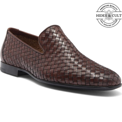Brown Woven Party-wear Leather SlipOn Loafers | Hides&Cult