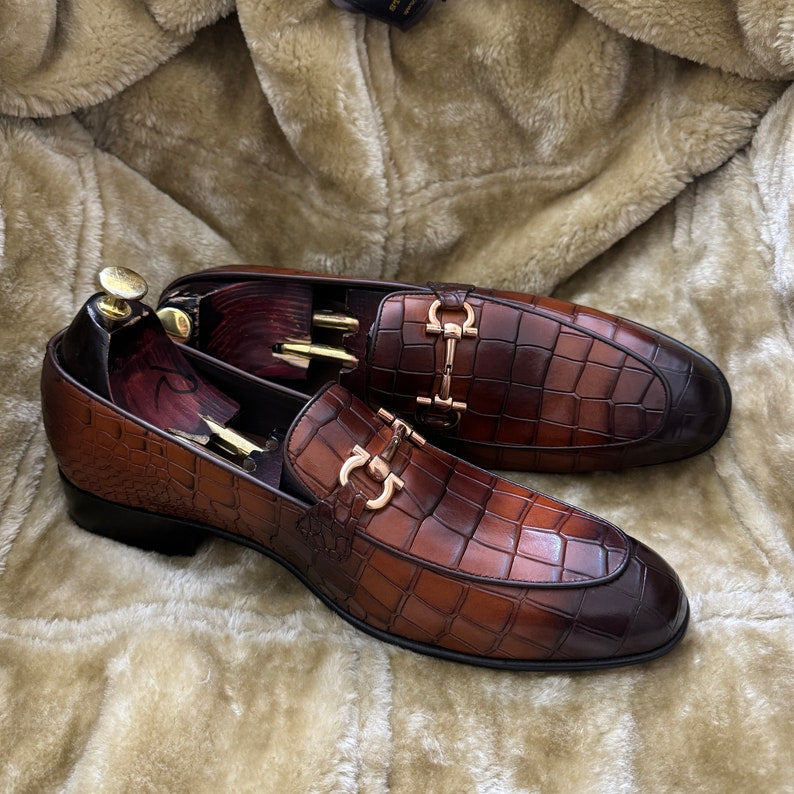 Croco Slip On Horse-bit Loafers - Brown | Hides&Cult