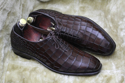 Croco Textured Lace Up Shoes - Dark Brown | Hides&Cult