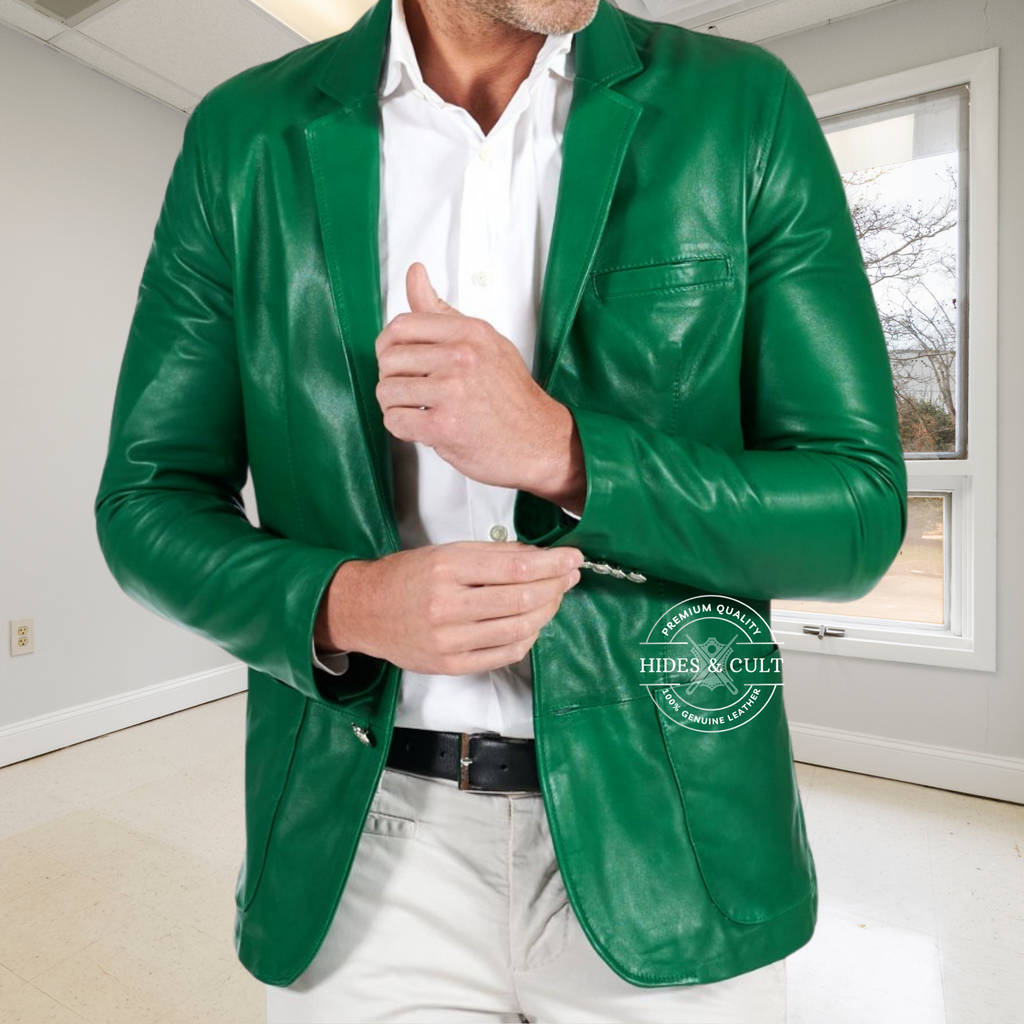 Men's Green Slim Fit Business Leather Blazer