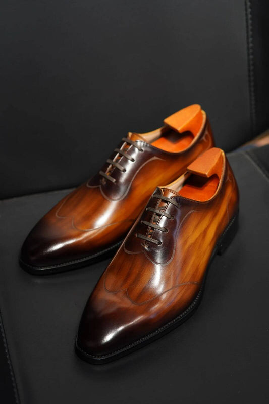 Brown Patina Marble Finish Wholecut Oxfords | Hides&Cult
