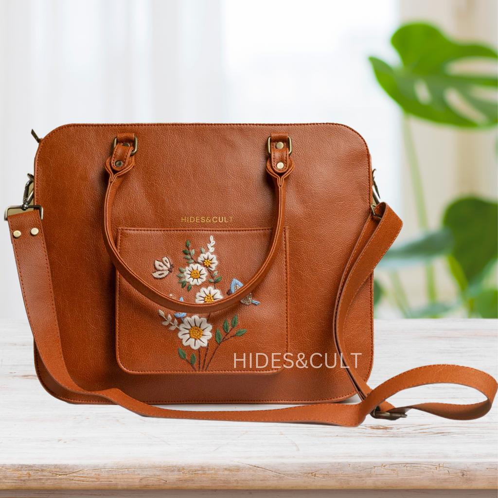 Handcrafted Tan - White Daisy Garden Embroidered Genuine Leather Laptop Bag