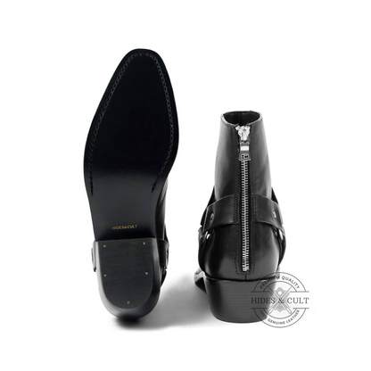 Black Genuine Leather Nickel Harness Chelsea Boots Cuban Heel Men | HidesandCult