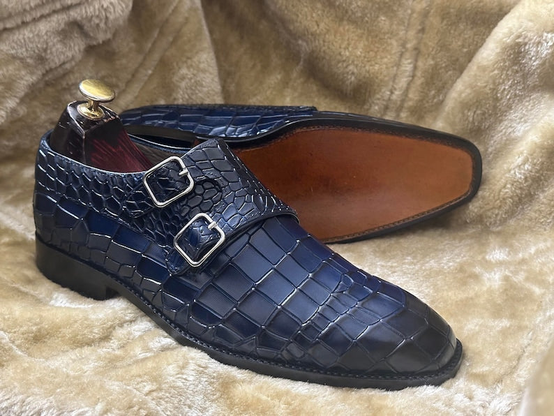 Croco Double Monk Strap Shoes - Deep Blue | Hides&Cult
