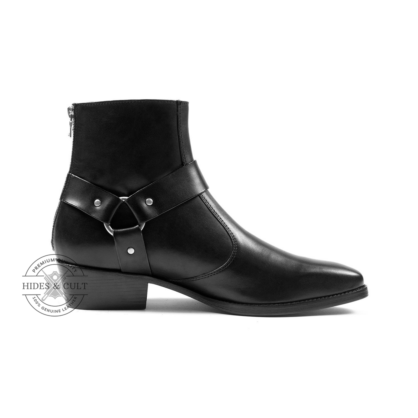 Black Genuine Leather Nickel Harness Chelsea Boots Cuban Heel Men | HidesandCult