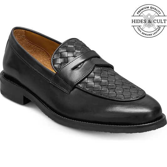 Black Hand Woven Vamp Party-wear Leather SlipOn Loafers | Hides&Cult