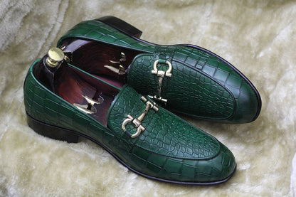 Croco Slip On Horse-bit Loafers - Green | Hides&Cult