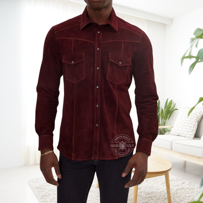 Mens Rich Dark Burgundy Suede Genuine Soft Lamb Leather Shirt